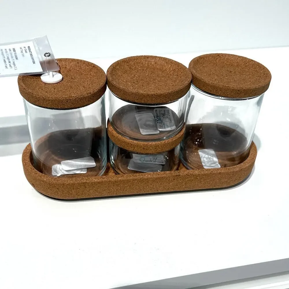 IKEA SAXBORGA Set of 4 Jars with Cork Lids & Cork Tray